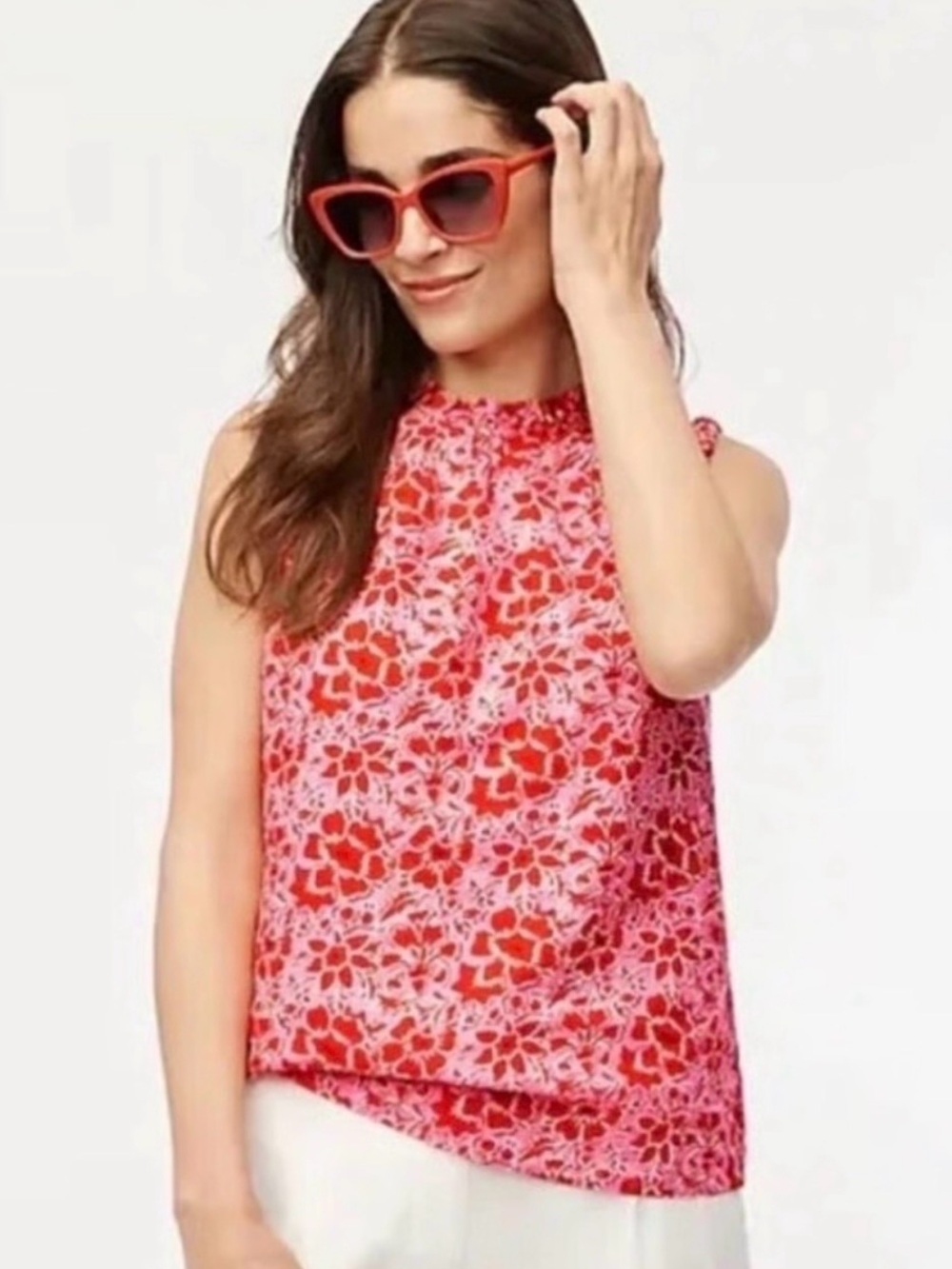 J. Crew Linen Cotton Ruffle Tank Top Pink Red Sleeveless Size M